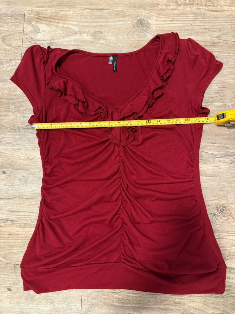 Maurices Deep Red Ruffled V-Neck Ruched Short Sleeve Top - Picture 4 of 9